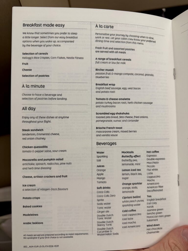 Etihad Business Class review breakfast and all-day dining menu on the 777