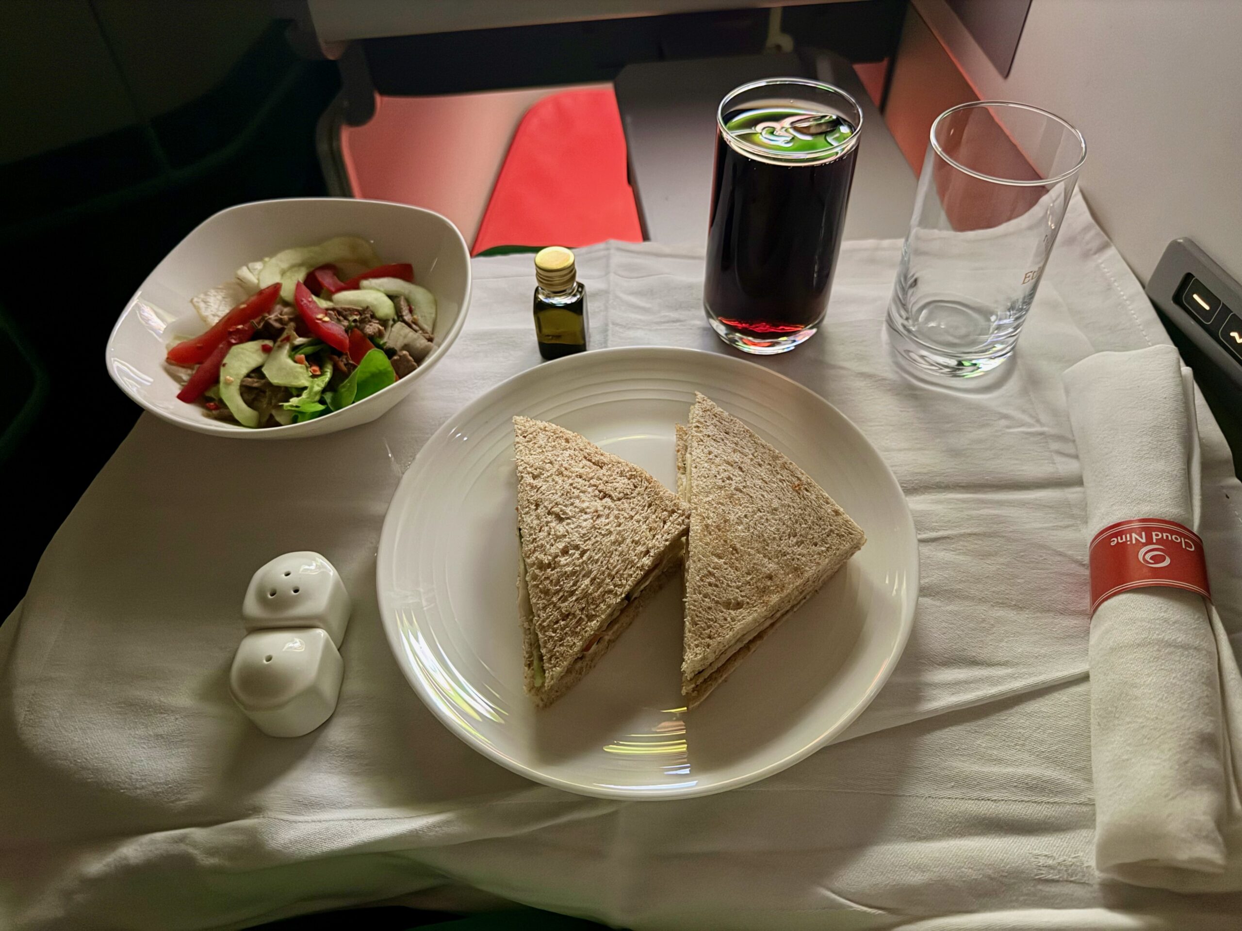 Dinner service in Ethiopian Airlines Cloud Nine Business Class