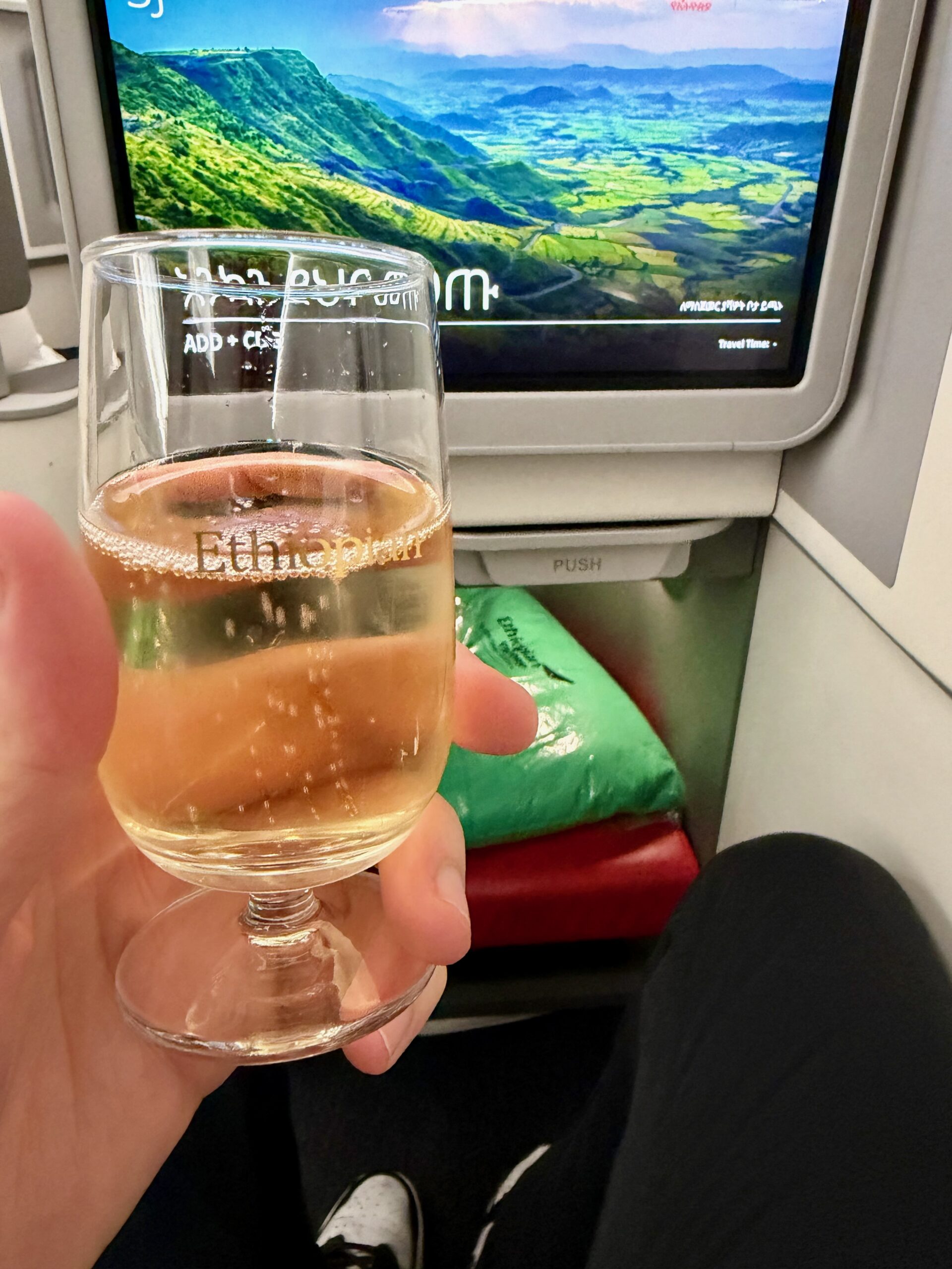 Champagne service before departure, Ethiopian Airlines Cloud Nine