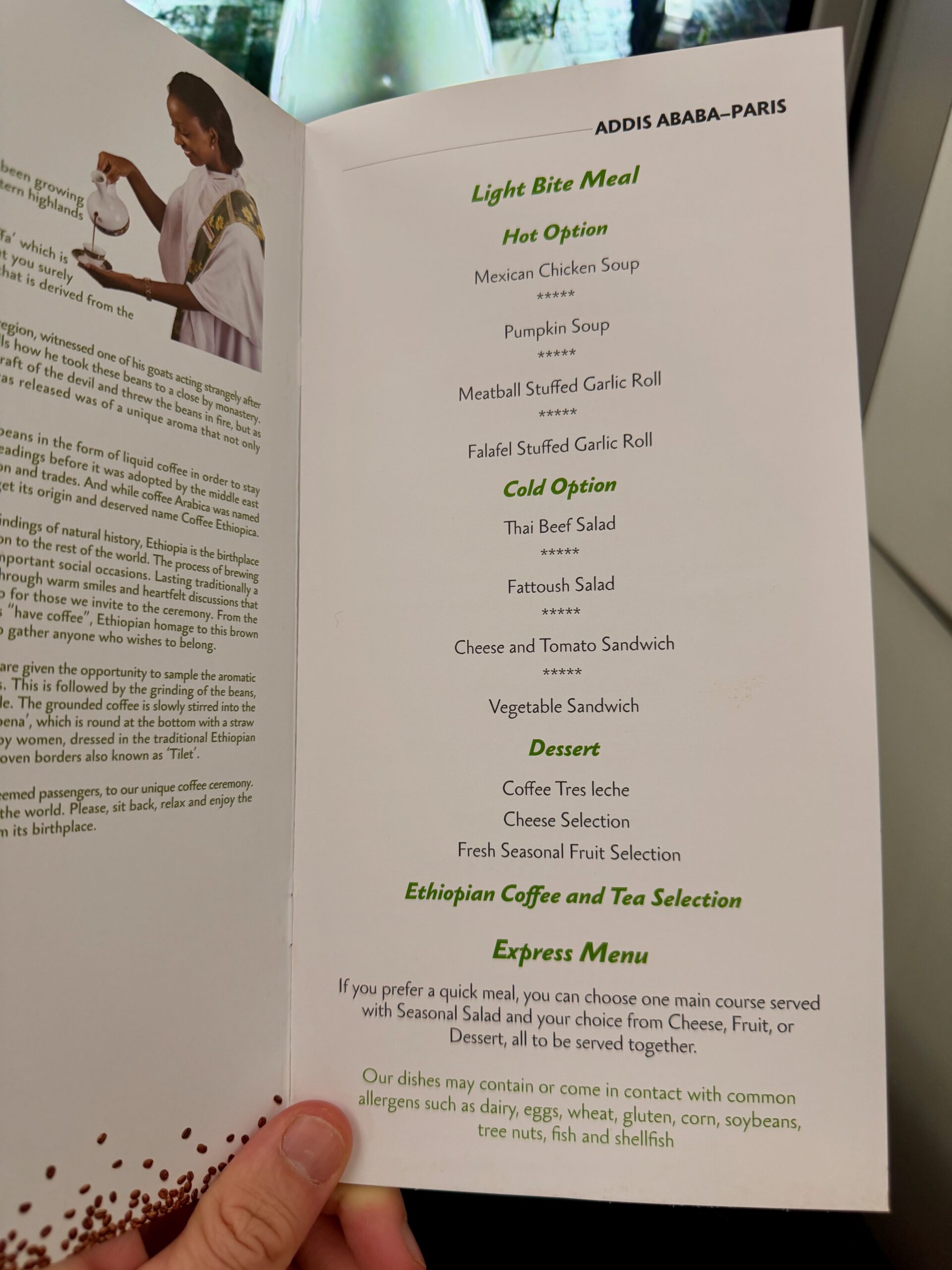 The Ethiopian Airlines Cloud Nine menu, combined outbound and return