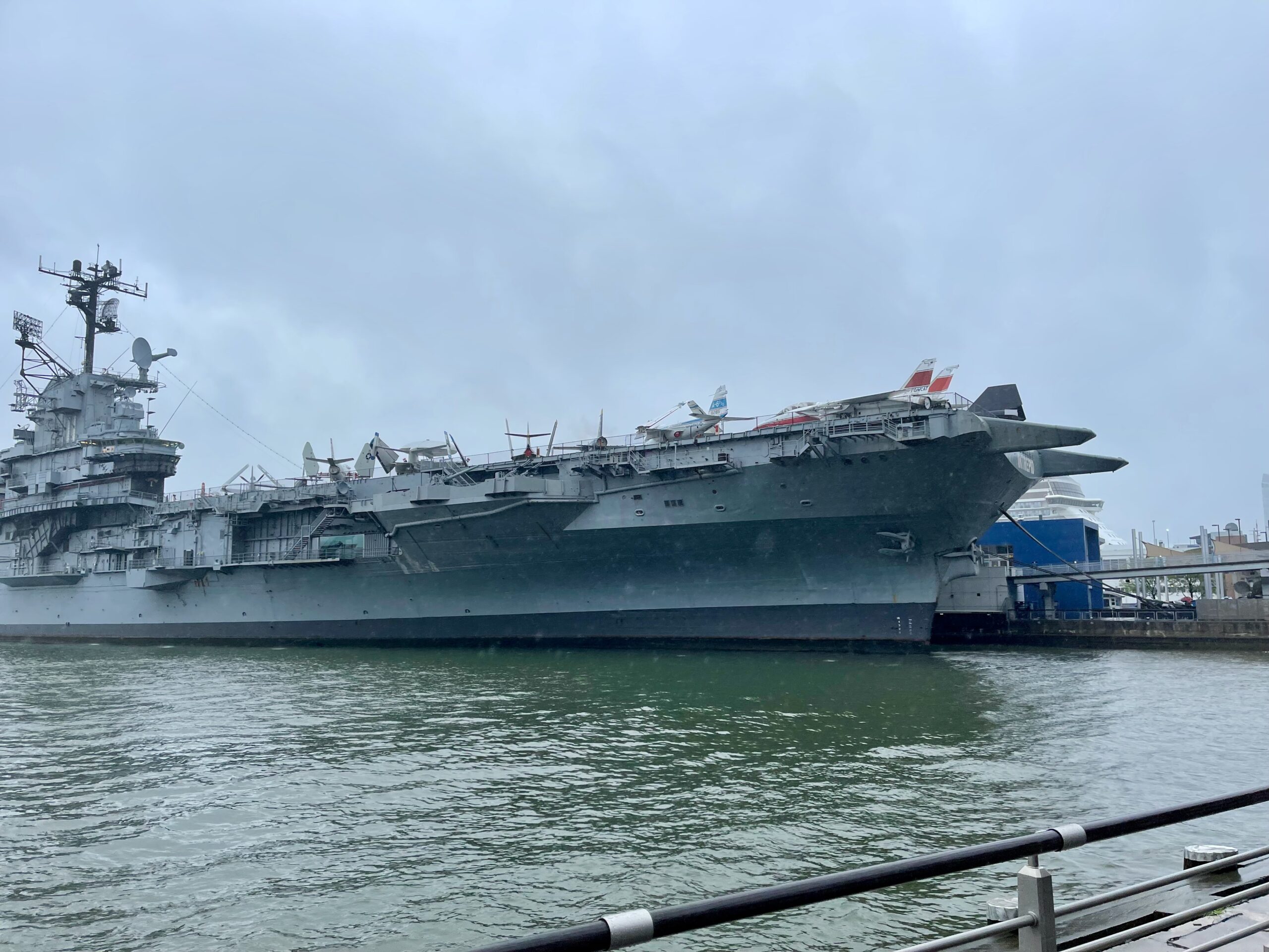The Intrepid aircraft carrier docked on the Hudson River in New York.
