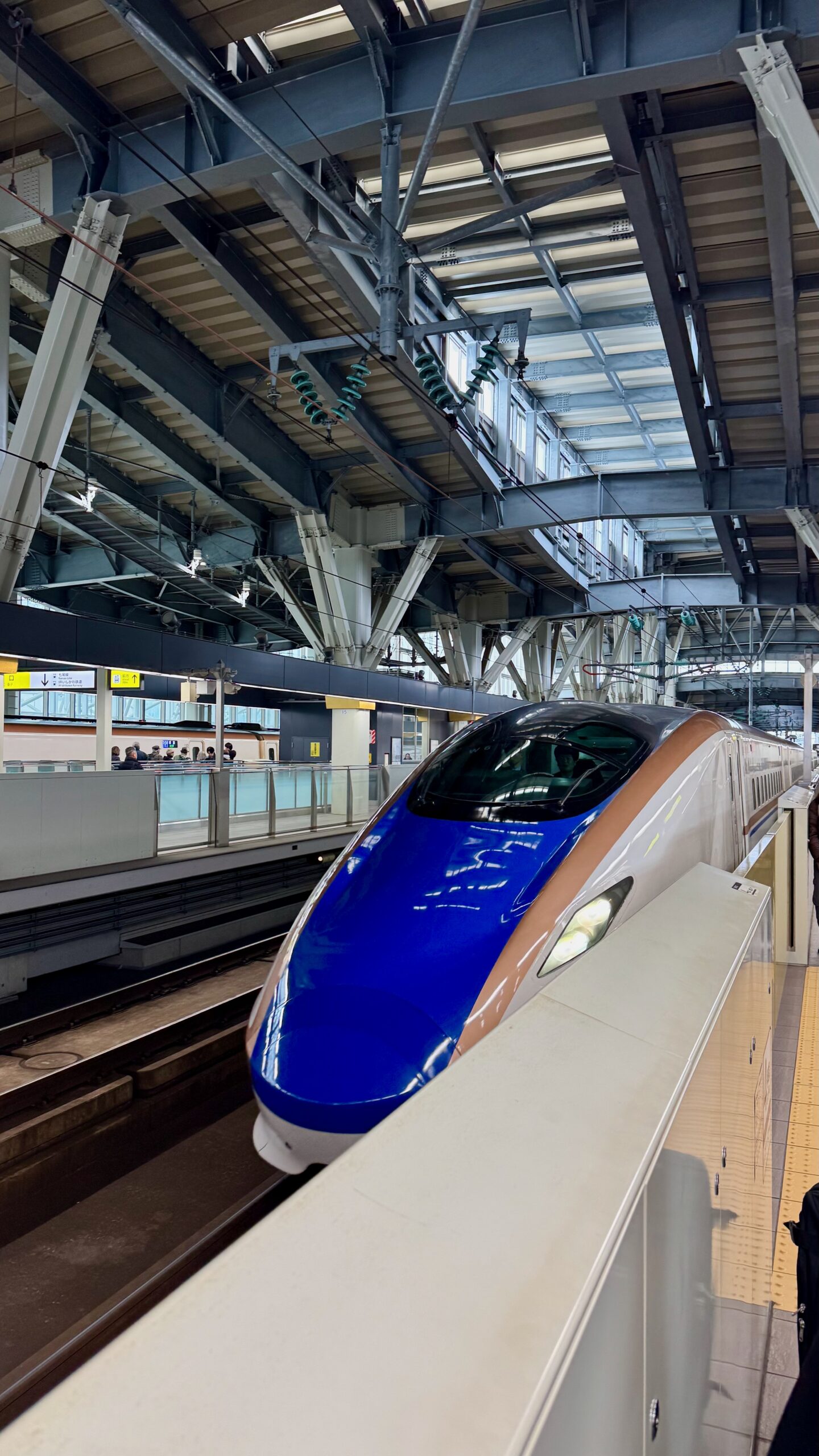 An E7 series Hokuriku Shinkansen waiting at the platform, nose forward under a steel station roof.