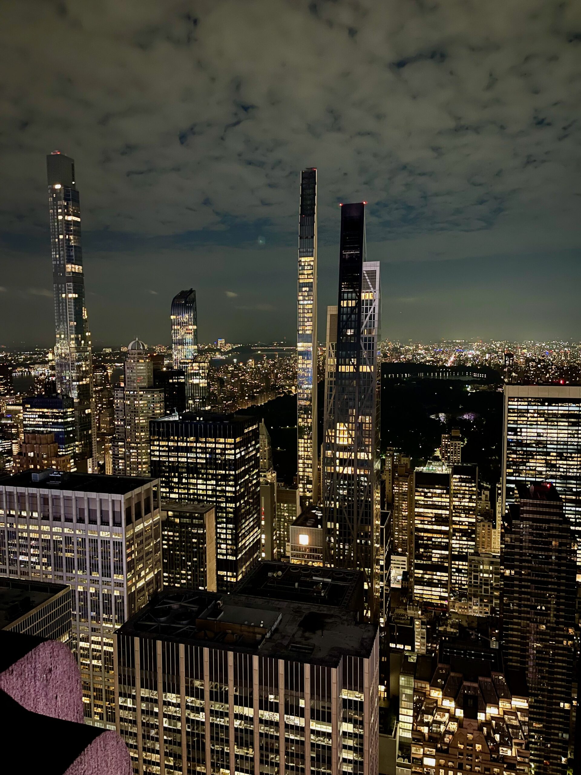 Night view from Top of the Rock toward Central Park and the towers of Billionaires' Row.
