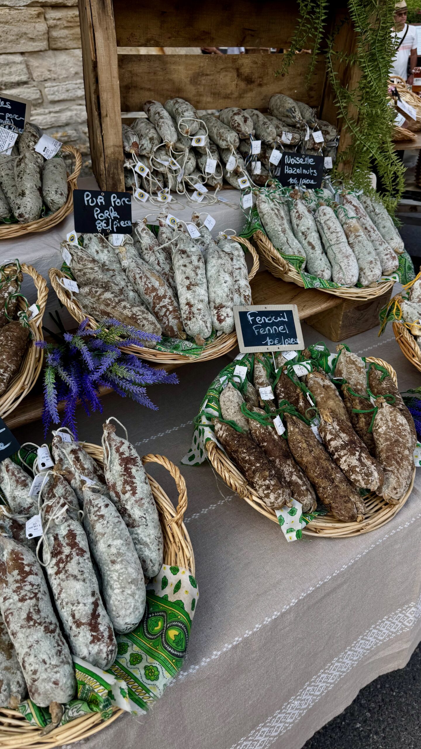 Sausage stall at the Tuesday market in Gordes